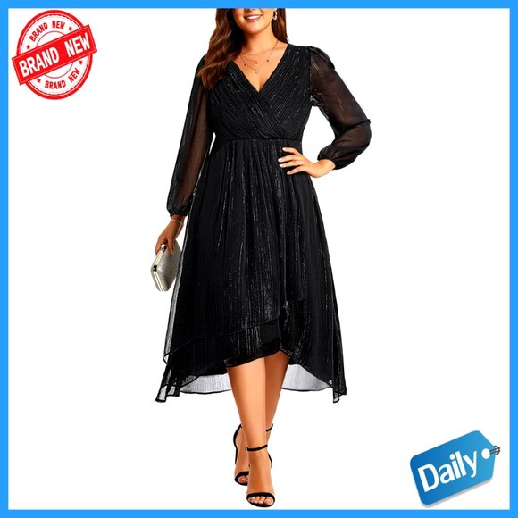Elegant Formal Cocktail Dress Long Sleeve A Line Midi Pleated V Neck